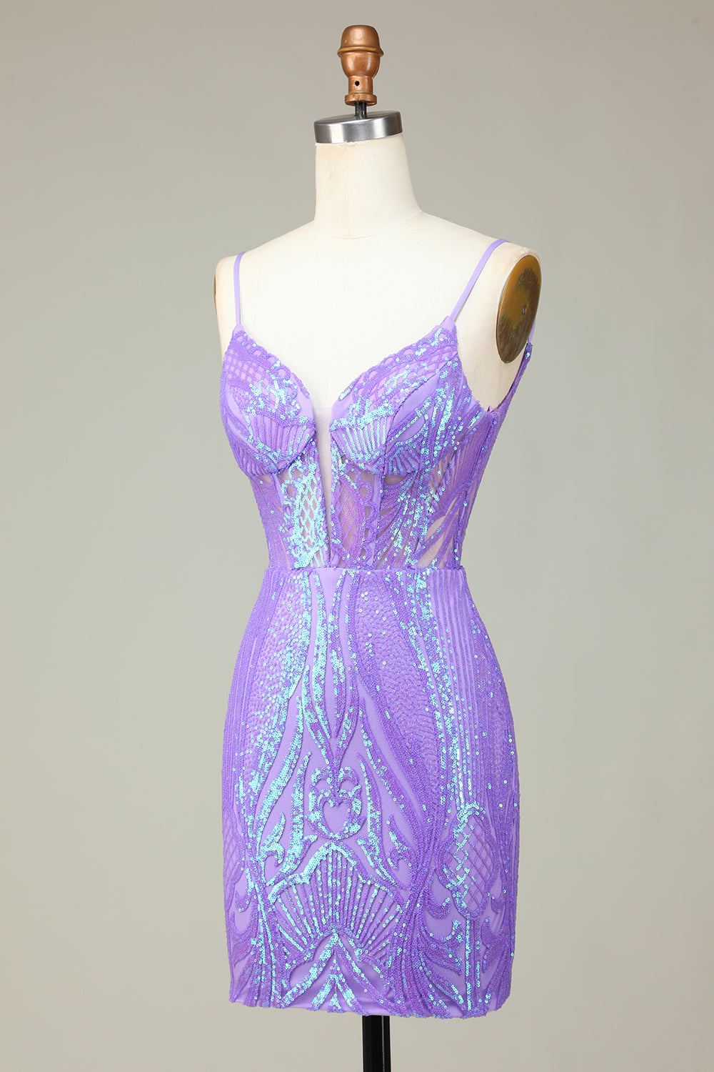 Lilac Spaghetti Straps Tight Short Homecoming Dress with Sequins
