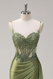 Silver Mermaid Pleated Sheer Long Corset Satin Prom Dress With Slit