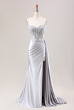 Green Mermaid Pleated Sheer Lace Long Corset Satin Prom Dress with Slit