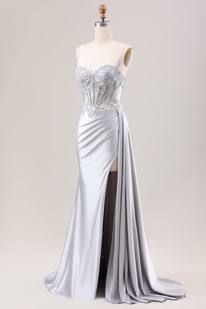 Satin Sweetheart Pleated Sheath Dress With Slit Silver Plus Size main image 1