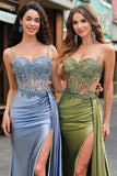Green Mermaid Pleated Sheer Lace Long Corset Satin Prom Dress with Slit