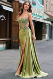 Green Mermaid Pleated Sheer Lace Long Corset Satin Prom Dress with Slit
