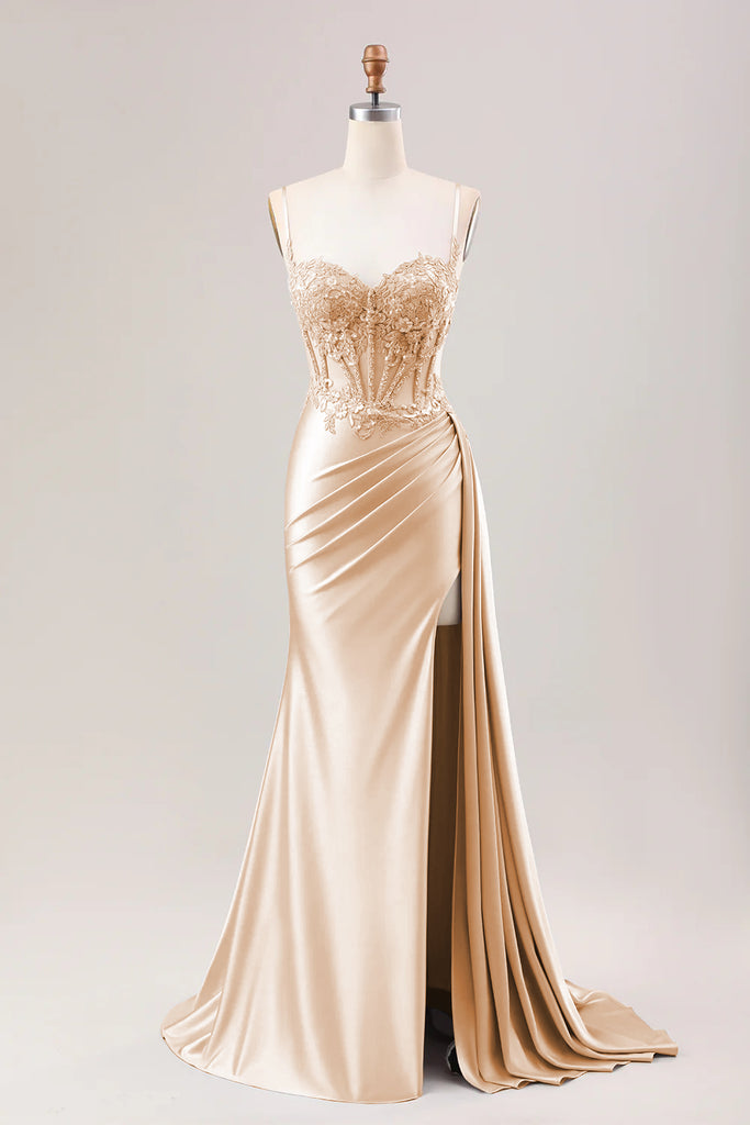 Gorgeous Pleated Stretch Satin Dress with Slit Silver
