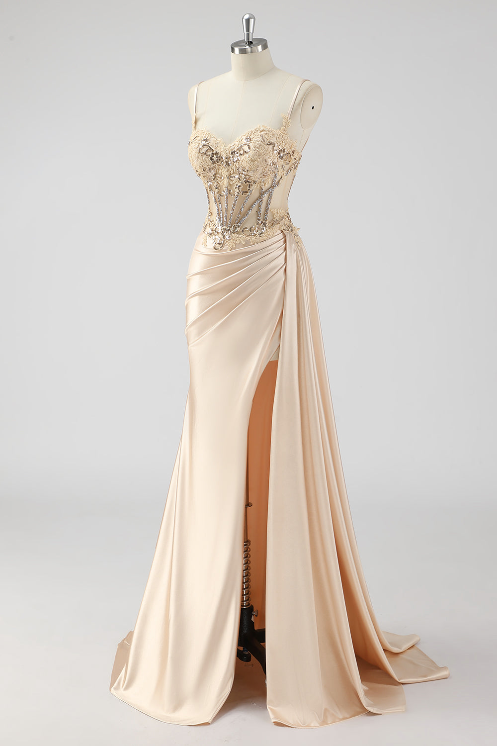 Green Mermaid Pleated Sheer Lace Long Corset Satin Prom Dress with Slit