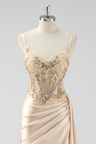 Green Mermaid Pleated Sheer Lace Long Corset Satin Prom Dress with Slit