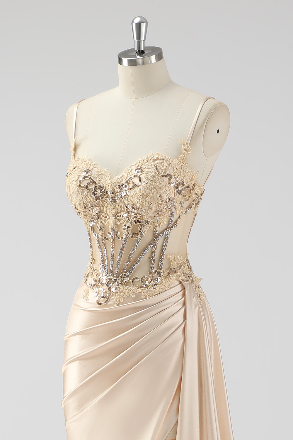 Silver Mermaid Pleated Sheer Long Corset Satin Prom Dress With Slit