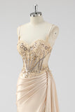 Green Mermaid Pleated Sheer Lace Long Corset Satin Prom Dress with Slit