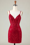 Sparkly Dark Red Sequins Spaghetti Straps Tight Short Homecoming Dress