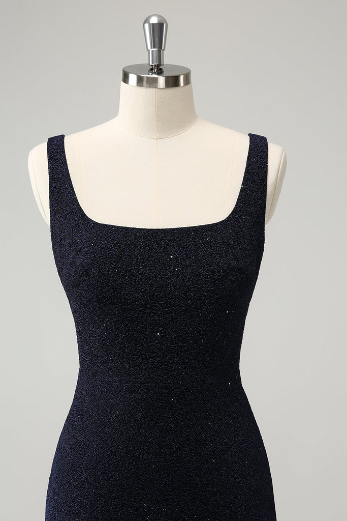 Sparkly Dark Blue Square Neck Bodycon Mini Homecoming Dress With Slit main image 0