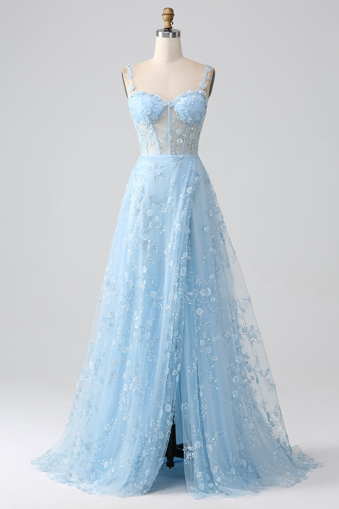 A-Line Spaghetti Straps Blush Prom Dress with Slit