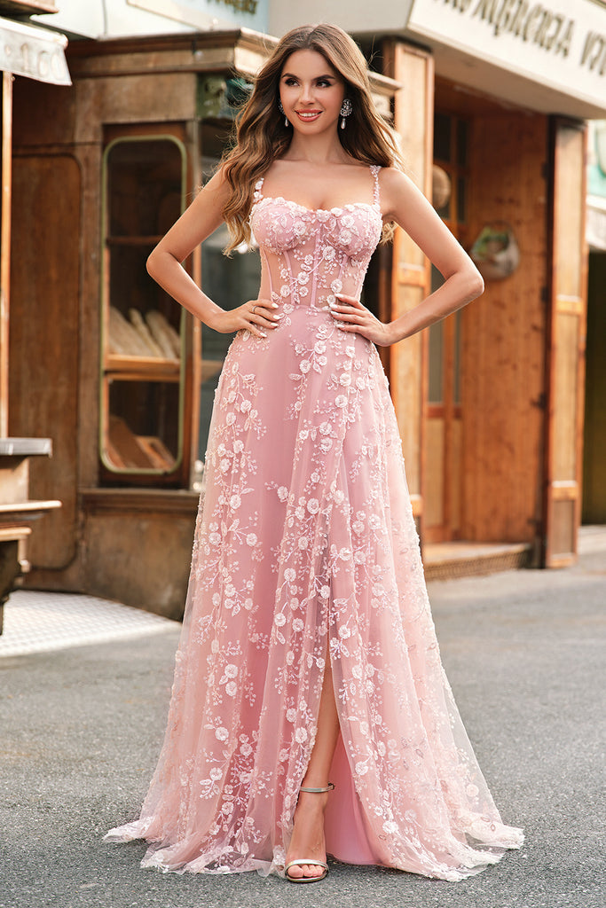 Spaghetti Straps Blush Long Prom Dresses with Split main image 1