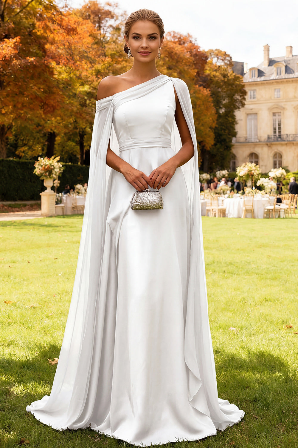 Dark Green One Shoulder Chiffon Long Wedding Guest Dress with Cape