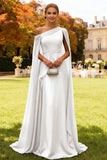 Dark Green One Shoulder Chiffon Long Wedding Guest Dress with Cape