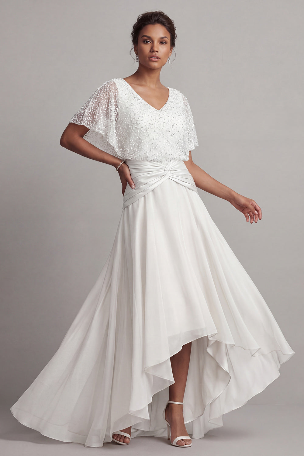 Sparkly Champagne Asymmetrical Ruched Sequin A Line Mother of the Bride Dress