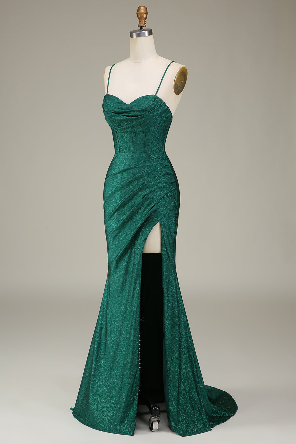 Dark Green Spaghetti Straps Mermaid Prom Dress with slit