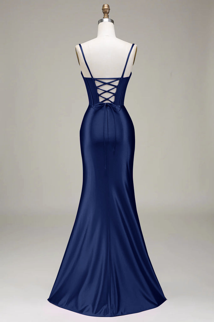 Royal Blue Satin Sheath Spaghetti Straps Prom Dress main image 1