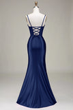 Satin Spaghetti Straps Royal Blue Prom Dress with Corset