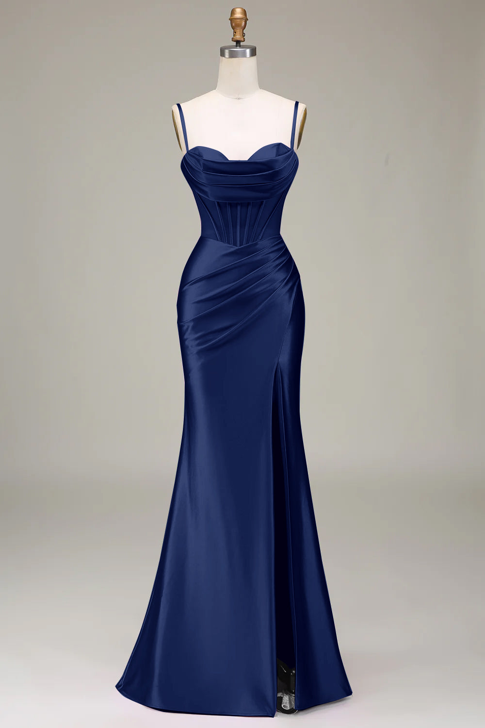 Satin Spaghetti Straps Royal Blue Prom Dress with Corset