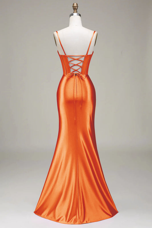 Satin Spaghetti Straps Orange Prom Dress with Corset