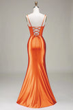 Satin Spaghetti Straps Orange Prom Dress with Corset