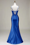 Satin Spaghetti Straps Royal Blue Prom Dress with Corset