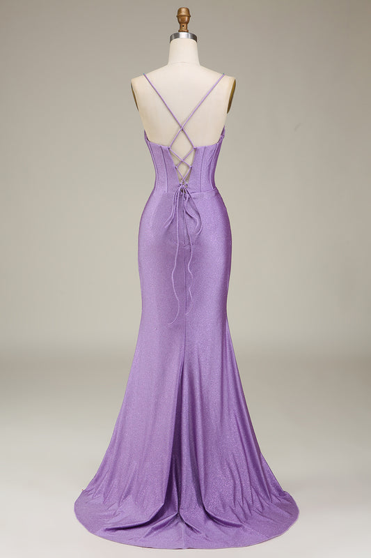 Satin Spaghetti Straps Lilac Prom Dress with Corset