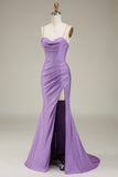 Satin Spaghetti Straps Lilac Prom Dress with Corset