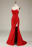 Dark Green Spaghetti Straps Mermaid Prom Dress with slit