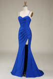 Dark Green Spaghetti Straps Mermaid Prom Dress with slit