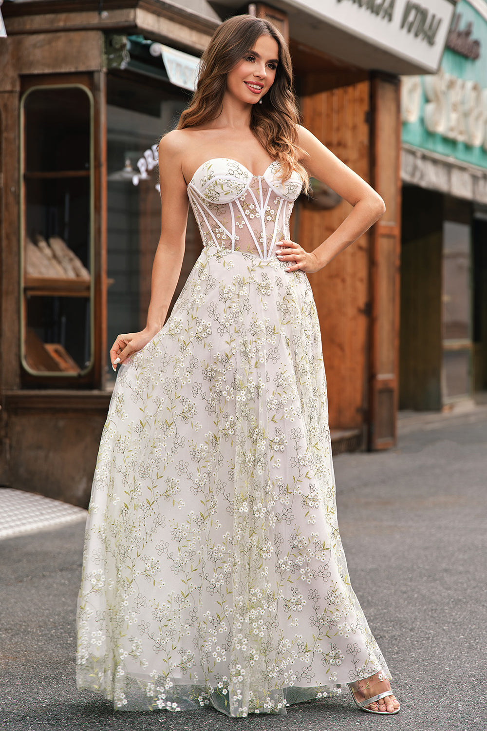 A Line Light Green Sweetheart Corset Prom Dress with Embroidery