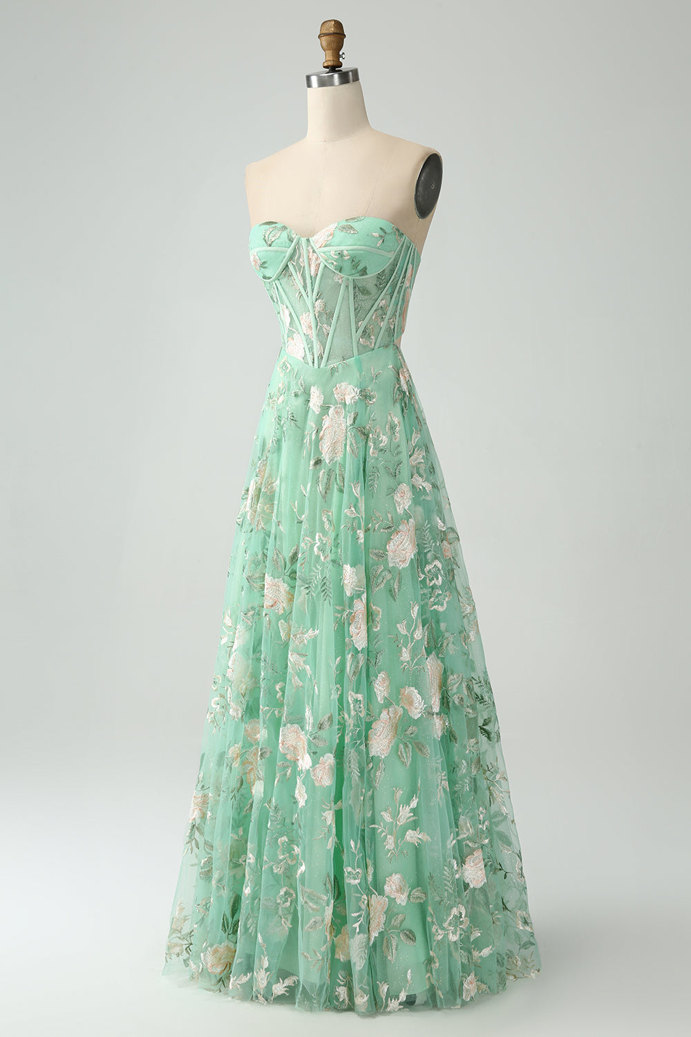 Zapakasa Women Light Green Corset Prom Dress with Embroidery A-Line