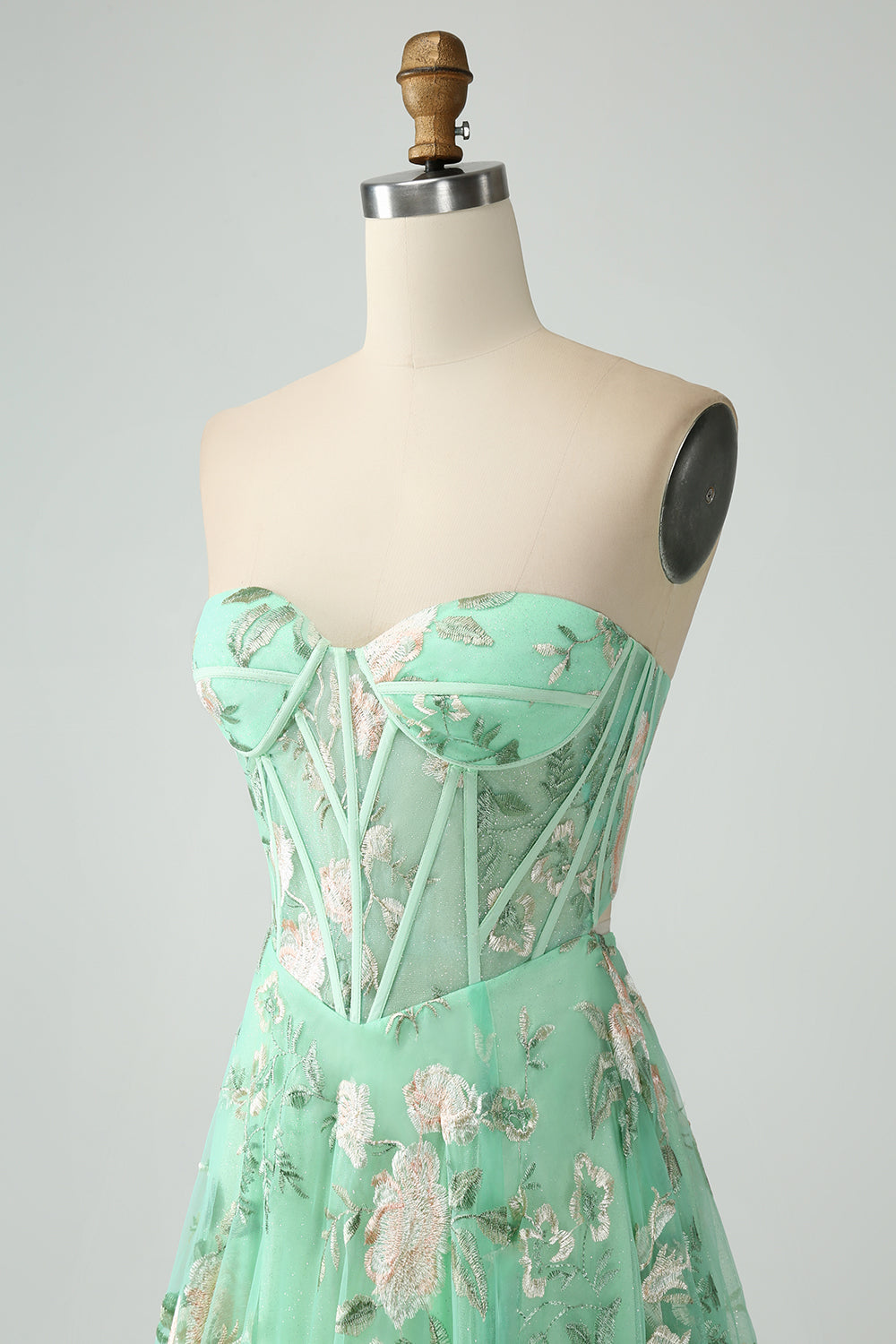 Zapakasa Women Light Green Corset Prom Dress with Embroidery A-Line