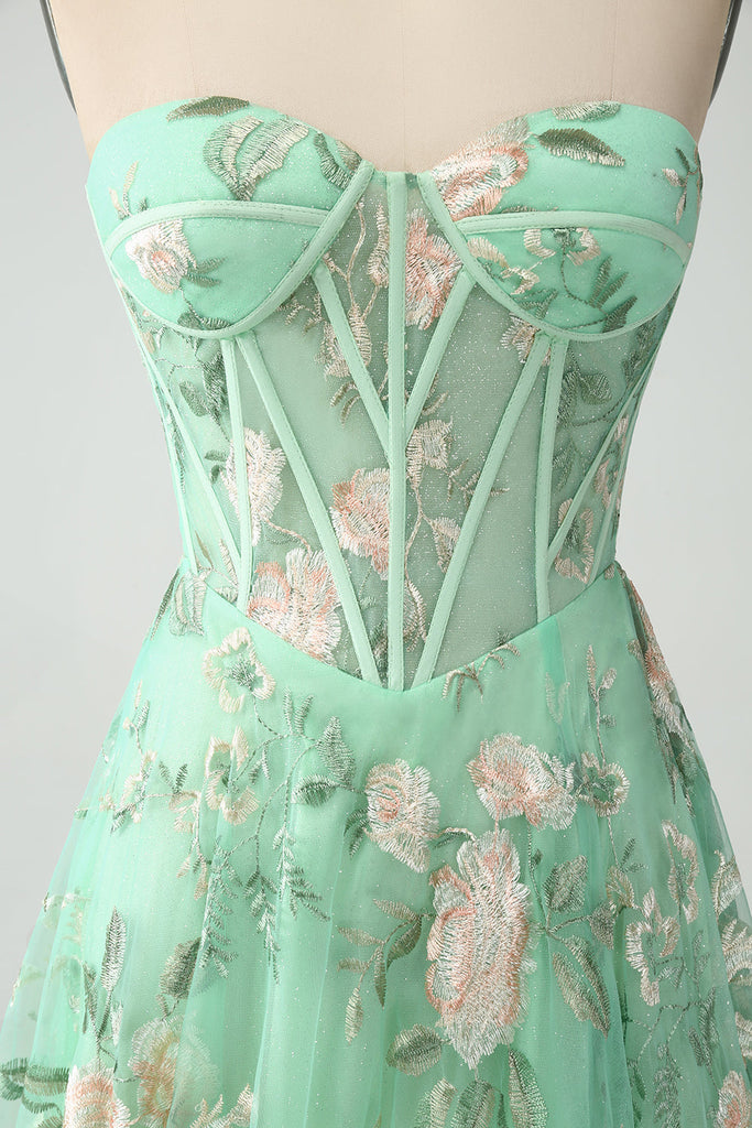 Zapakasa Women Light Green Corset Prom Dress with Embroidery A-Line