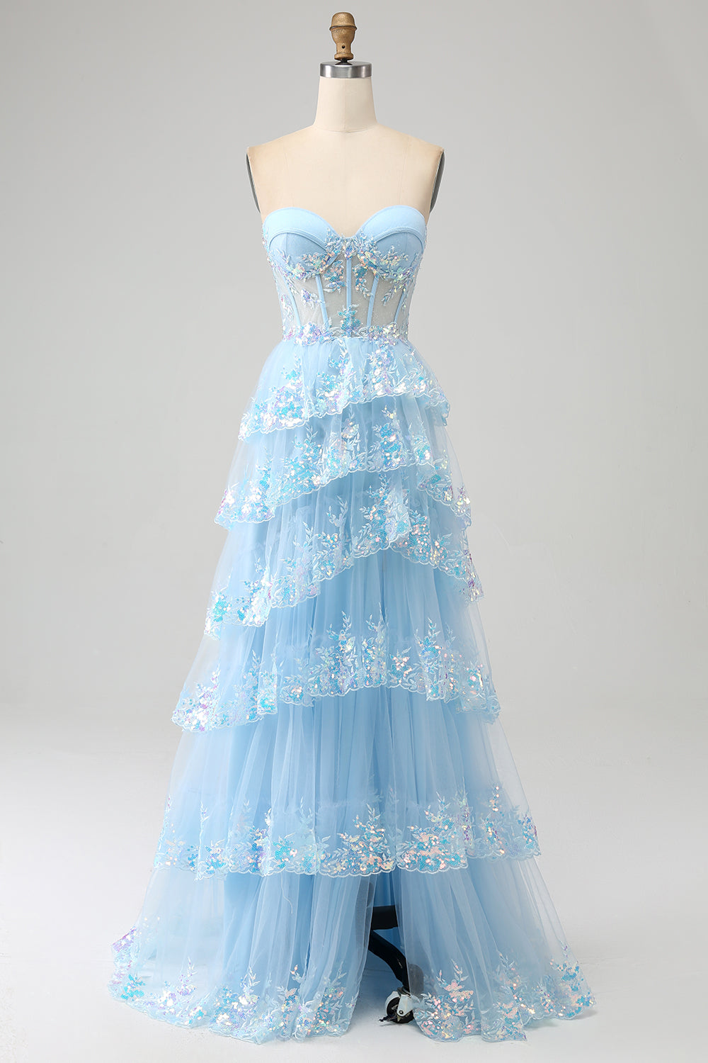 Princess A Line Sweetheart Lavender Corset Prom Dress with Tiered Lace