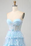 Princess A Line Sweetheart Lavender Corset Prom Dress with Tiered Lace