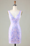 Sparkly Lilac Sequins Beaded V neck Tight Short Homecoming Dress