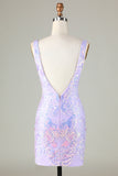 Sparkly Lilac Sequins Beaded V neck Tight Short Homecoming Dress