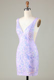Sparkly Lilac Sequins Beaded V neck Tight Short Homecoming Dress