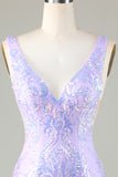 Sparkly Lilac Sequins Beaded V neck Tight Short Homecoming Dress