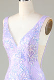 Sparkly Lilac Sequins Beaded V neck Tight Short Homecoming Dress