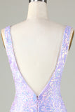 Sparkly Lilac Sequins Beaded V neck Tight Short Homecoming Dress