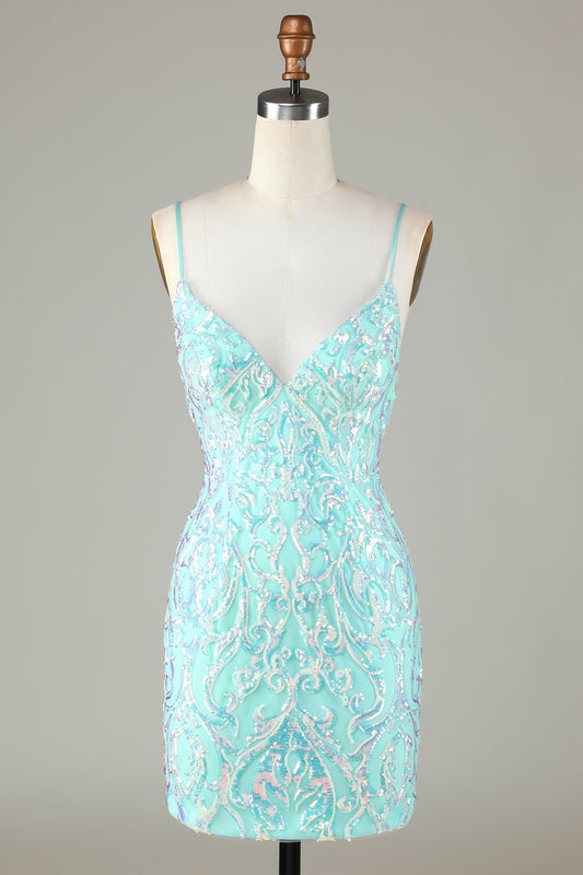 Sparkly Light Green Sequins Beaded V neck Tight Short Homecoming Dress