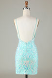 Sparkly Light Green Sequins Beaded V neck Tight Short Homecoming Dress