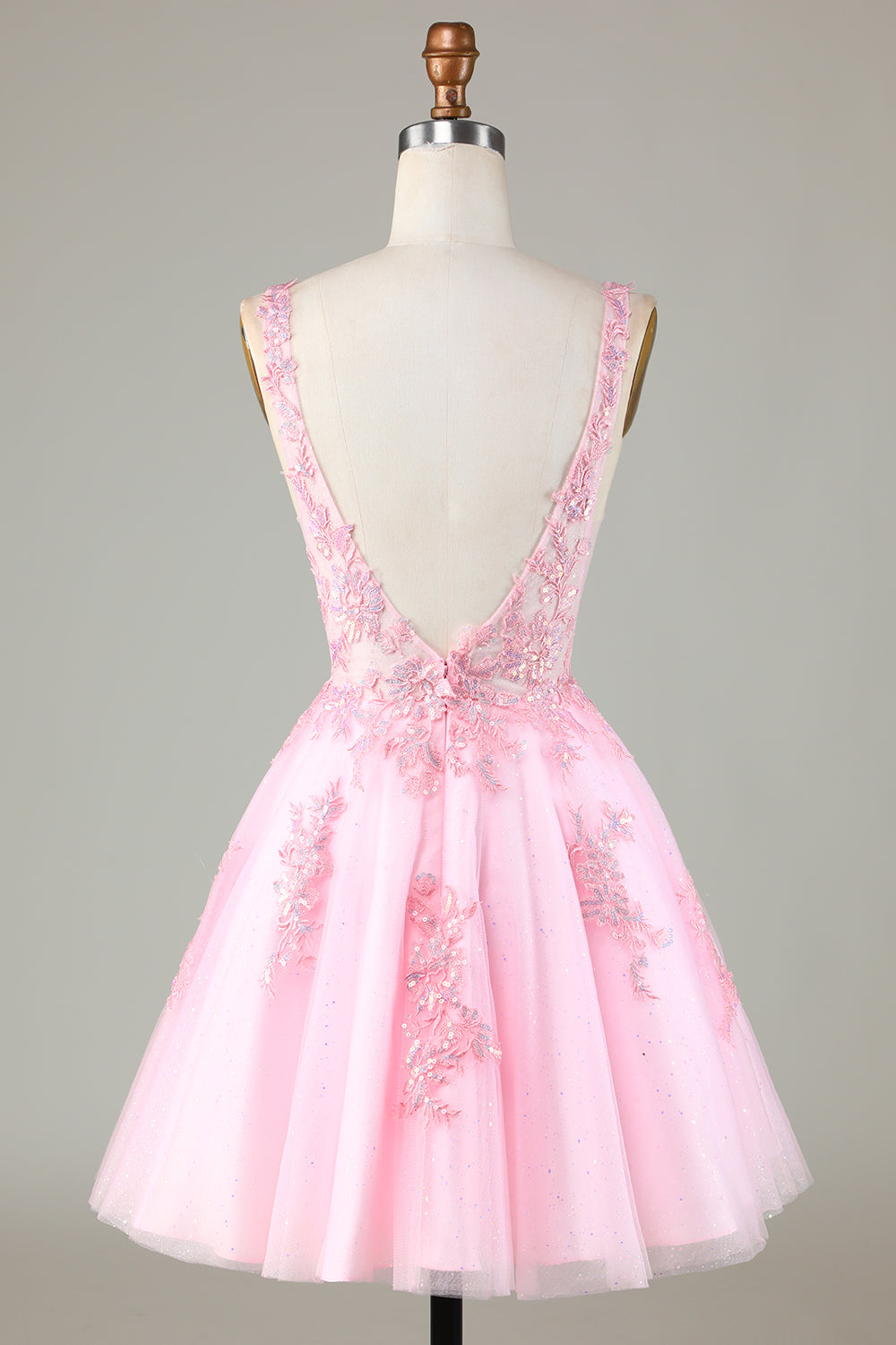 Pink Beaded V Neck Backless Tulle Short Homecoming Dress