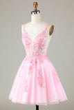 Pink Beaded V Neck Backless Tulle Short Homecoming Dress