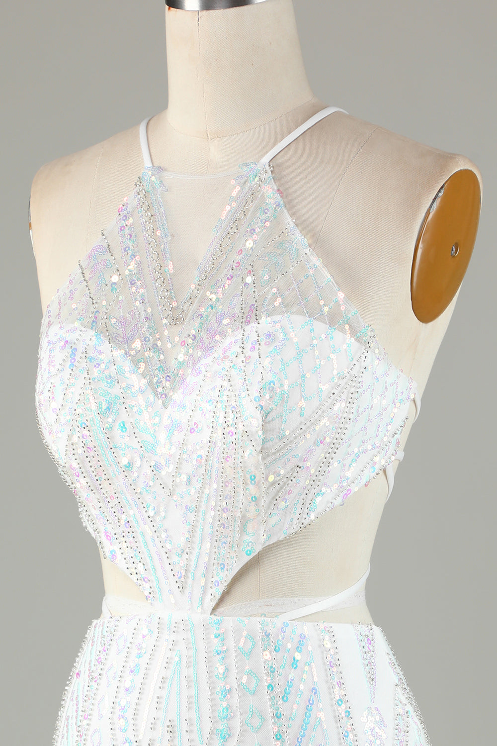 White Halter Neck Beaded Cut Out Tight Short Homecoming Dress