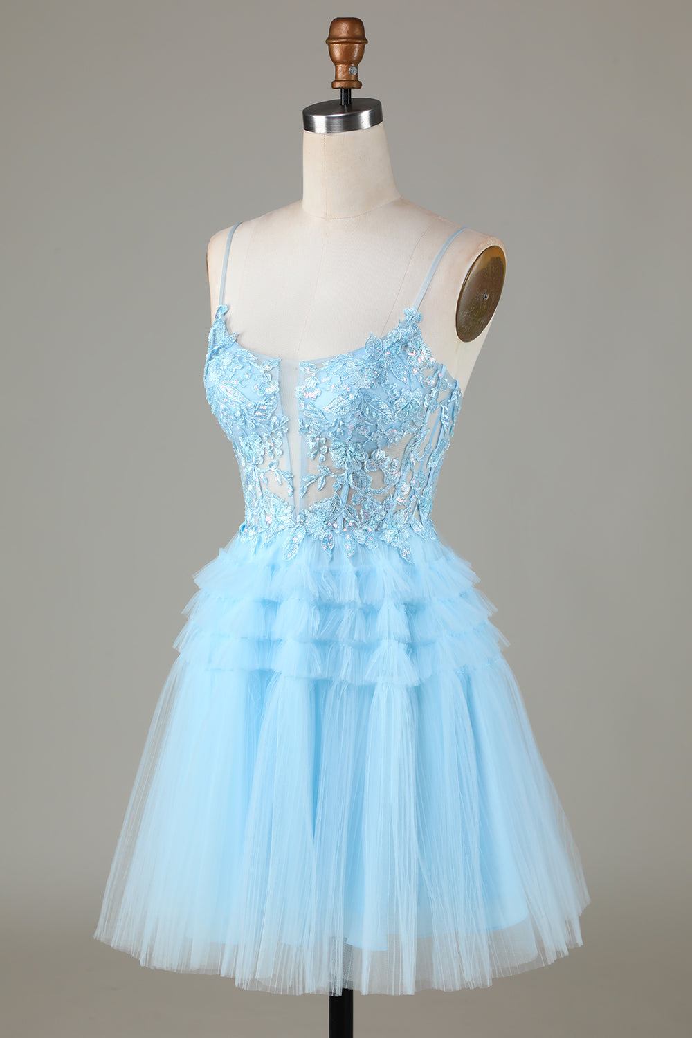 Sky Blue A Line Spaghetti Straps Open Back Tulle Homecoming Dress