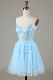 Sky Blue A Line Spaghetti Straps Open Back Tulle Homecoming Dress