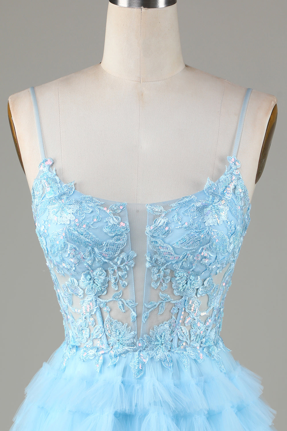 Sky Blue A Line Spaghetti Straps Open Back Tulle Homecoming Dress