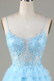 Sky Blue A Line Spaghetti Straps Open Back Tulle Homecoming Dress